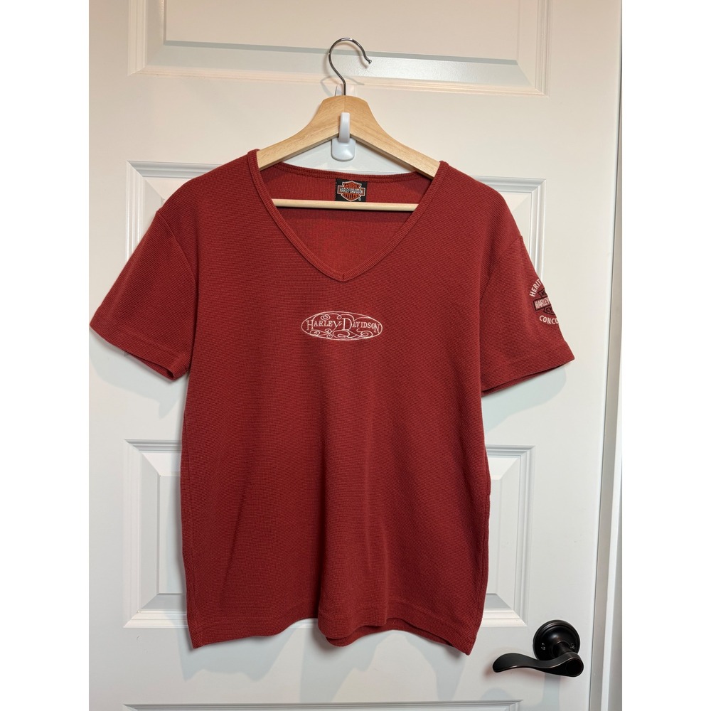 Harley-Davidson Womens Red Waffle Knit Thermal V-Neck T-Shirt Concord NH Large